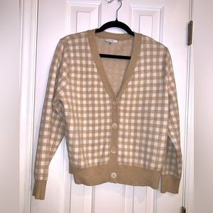 Sioni beige and white checkered cardigan/sweater button up Size XL V-neck